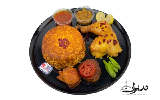 مرغ و بادمجان با برنج ته دیگ