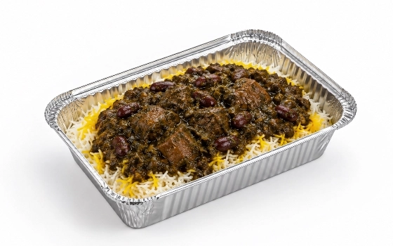چلو خورش قورمه سبزی گوساله