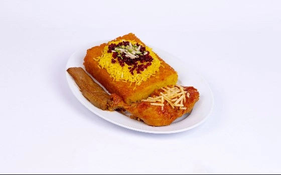 ته چین پلو با مرغ و بادمجان